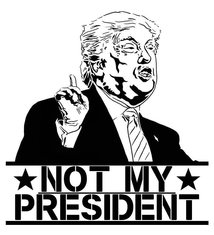 A stencil cut style illustration of Donald Trump with his normally sized hands and the words not my president below