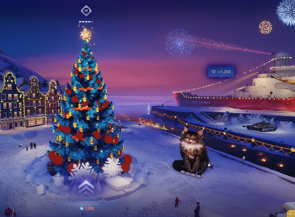 A World of Tanks holidays garage covered in snow and ice. There is a blue Christmas tree with a red ball garland and gold cat ornaments. A ship with string lights is in the background. A giant, fluffy Redshire Cat sits between the two.