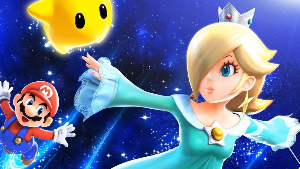 An image of Mario, Luma and Rosalina flying through space.