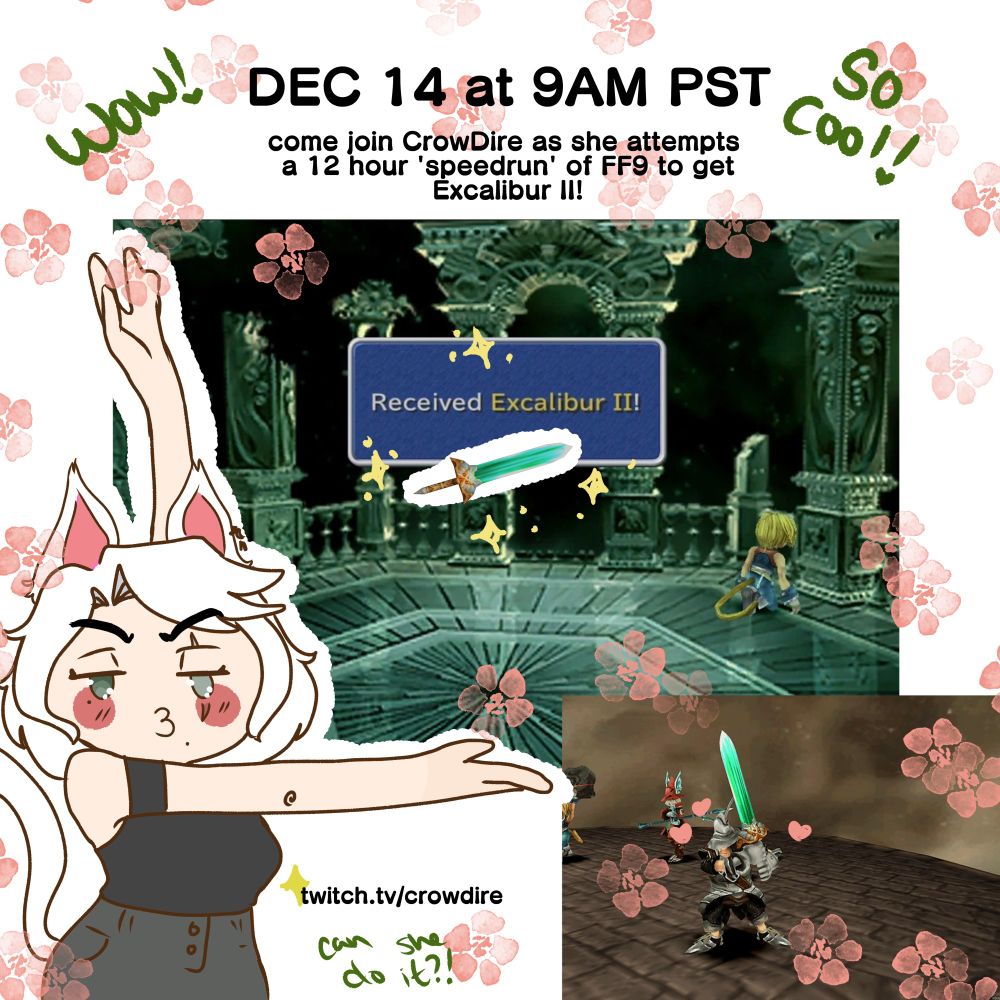 cat girl standing in front of FF9 screen shots