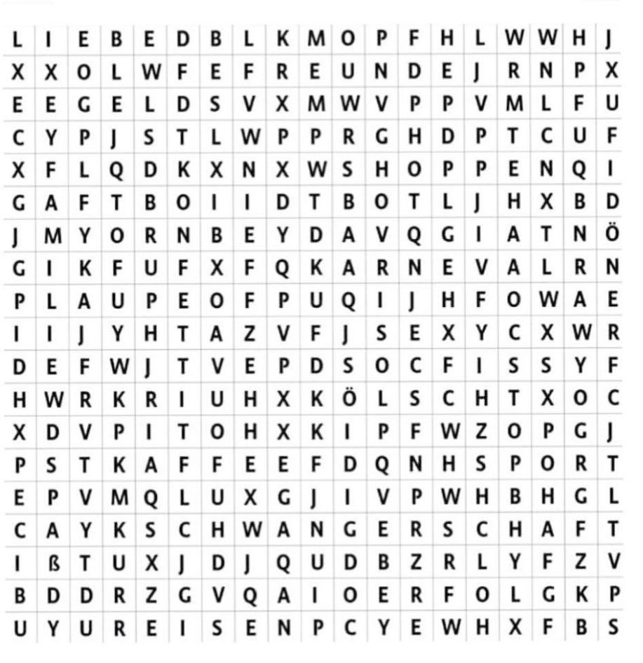 Quadrat mit Buchstaben, in dem Wörter versteckt sind.