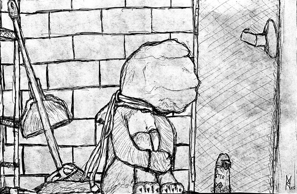 Drawing of me committing suicide via exit bag in a closet.