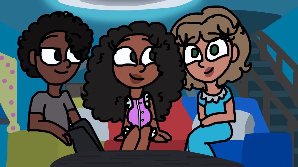 Jody, Bailey and Martha seated near the TV in pajamas.