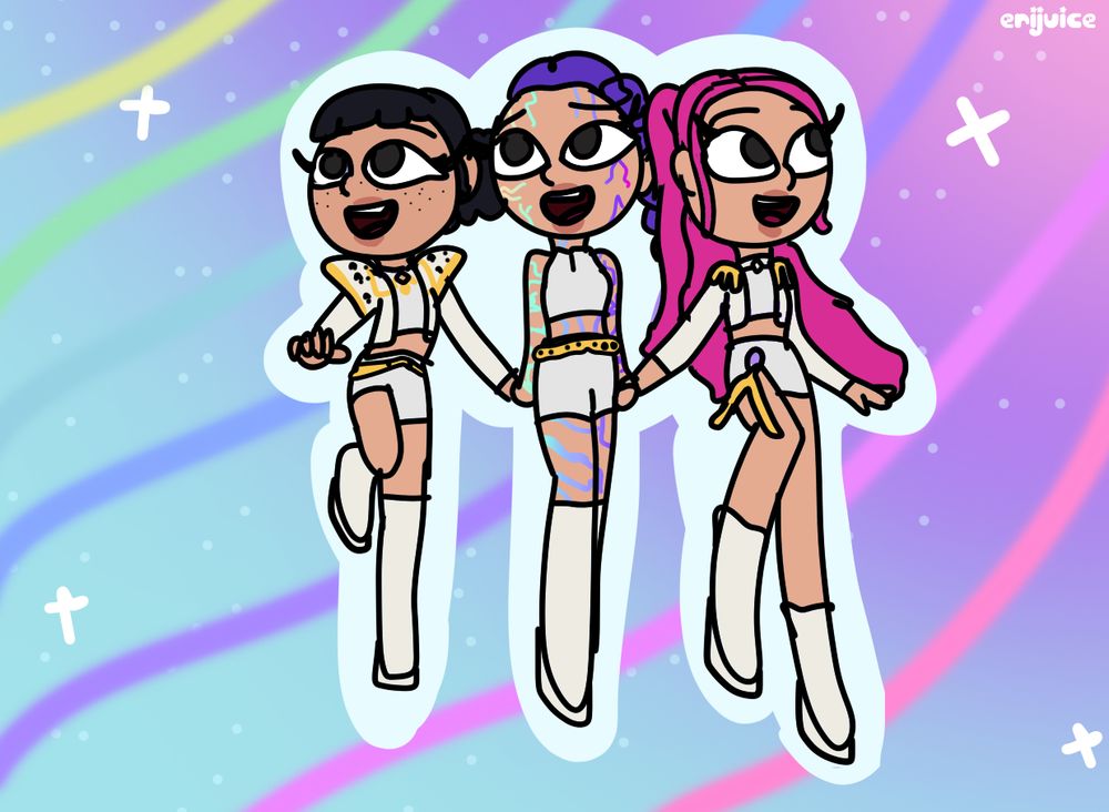 (K-Pop Demon Hunters) Zoey, Rumi and Mira (left to right) in front of a rainbow honmoon