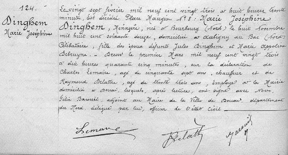 Acte de décès à Douai (à l'hôpital) le 27/02/1923 de Marie Joséphine DINGHEM.
DINGHEM ? Tilt, possibilité de batelière !
Elle est inconnue à Aubigny-au-Bac d'après les TSA d'Arleux. Aucune mention de son époux.