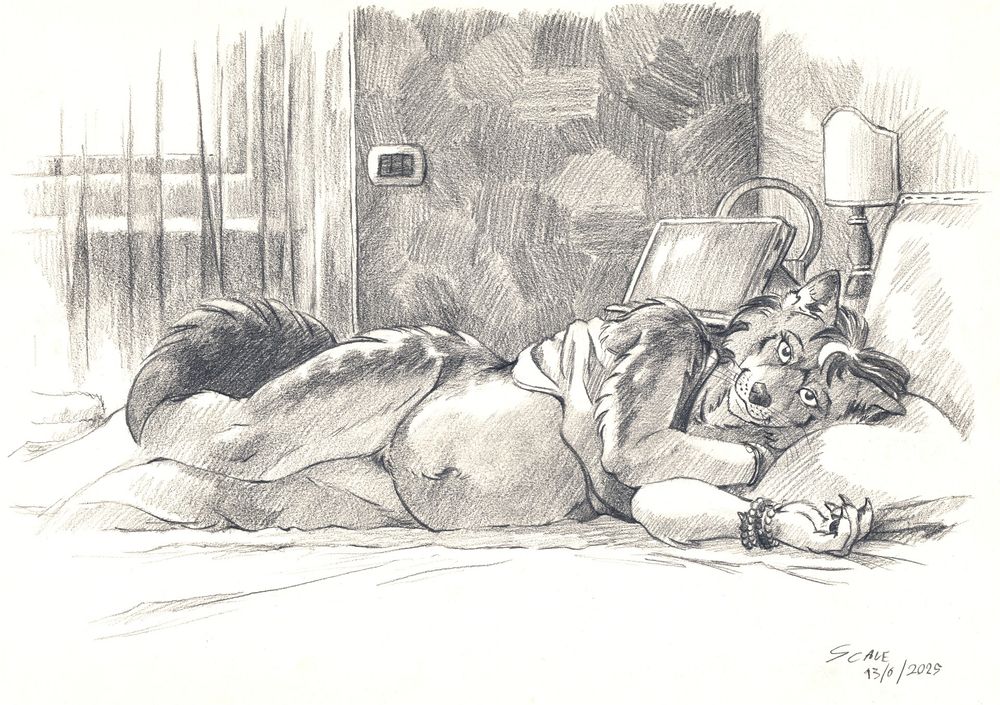 Drawing of a female anthropomorphic female wolf. She's visibly pregnant and leaning on her side on the bed wearing only a shirt, smiling. The point of view is that of someone laying next to her in the bed.