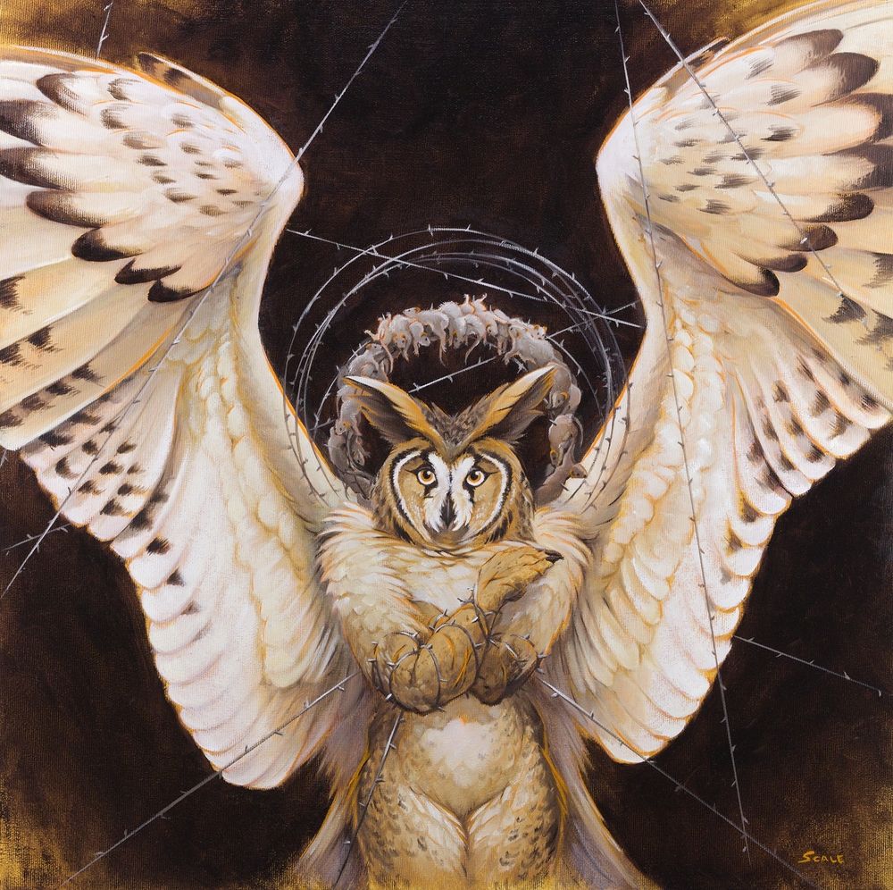 Frontal portrait of an anthropomorphic long-eared owl with spread wings. She is surrounded by stretched barbed wires, some of which are entwined around her arms. Her arms are crossed on the chest, unable to move, and have multiple scars on them. Some of the wires form a round shape around her head and have dead mice skewered on the barbs, forming a sort of macabre halo.