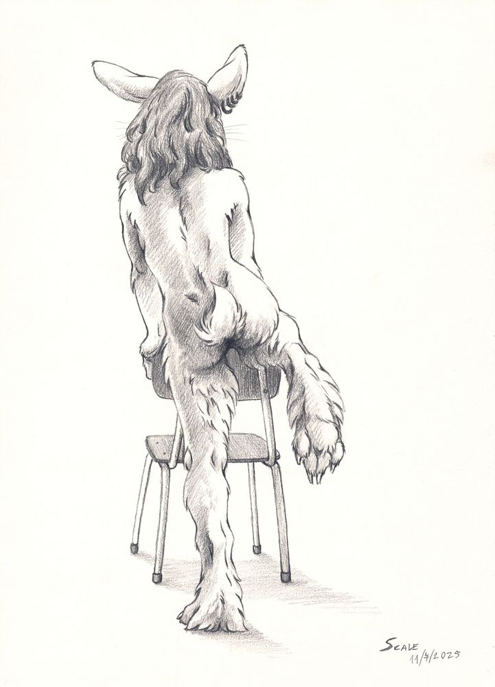 Back view of a nude anthropomorphic female rabbit. She's standing but leaning on a chair's back, her right legs lifted and resting on it displaying the bottom of her foot.