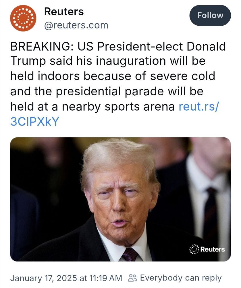 Reuters article about Trump's inauguration being moved indoors because of his fragile ego