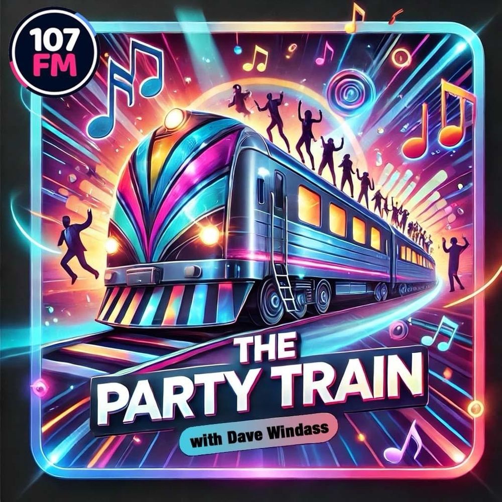 A promotional image for Hull 107FM radio show The Party Train, in vivid colours and featuring people dancing on top of a train. 