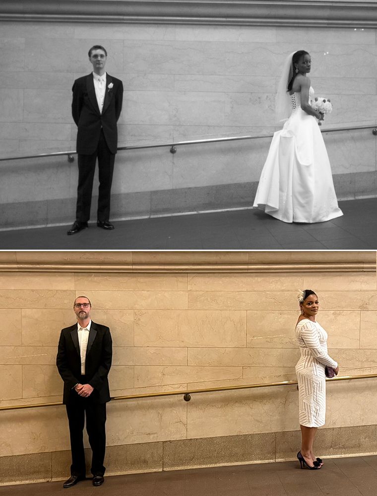 Two photos of a couple take in the same place 20 years apart.