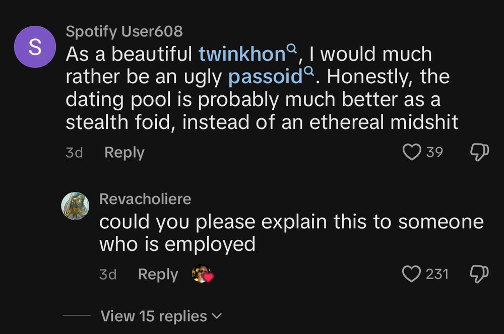 TikTok Kommentar:
As a beautiful twinkhon I would much rather be an ugly passion. Honestly the dating pool is probably much better as a stealth food, instead of an ethereal mid shit
Antwort darauf:
Could you please explain this to someone that is employed 