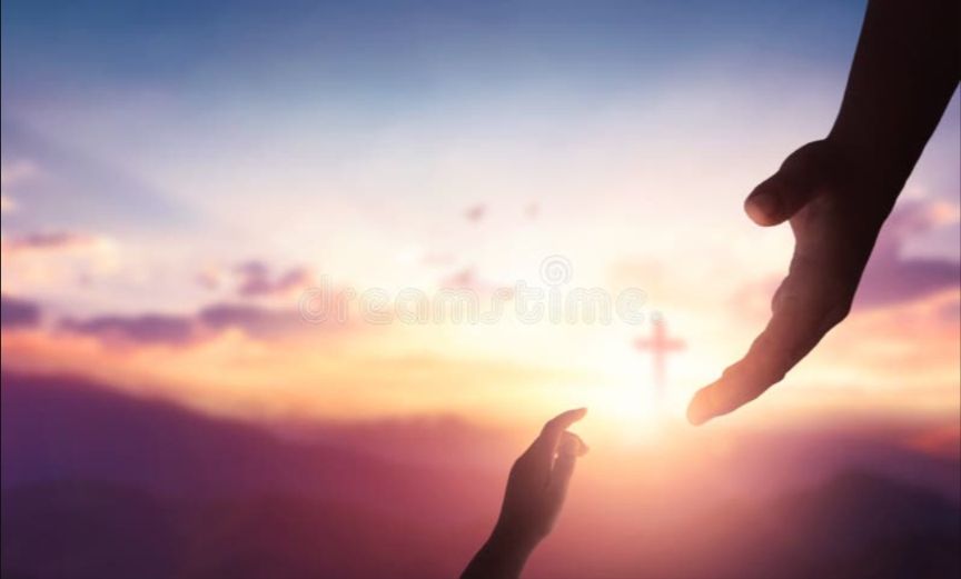 Hand reaching out from heaven. Cross in the background 