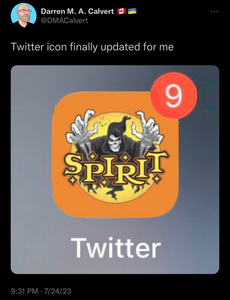 Screen cap of a tweet that says: “Twitter icon finally updated for me” the icon is the Spirit Halloween store. 