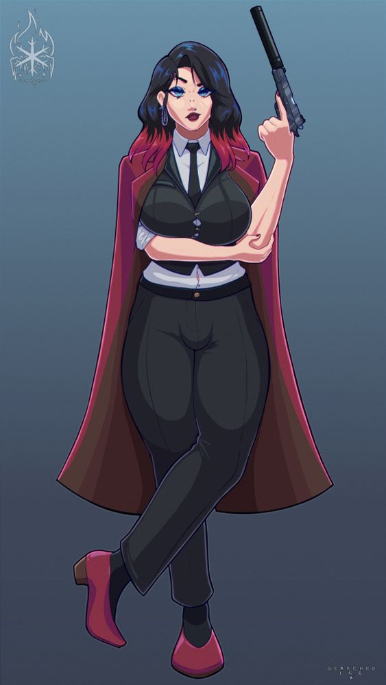 Woman with wavy dark / red hair and blue eyes, wearing a suit and a long coat while holding and posing with a handgun