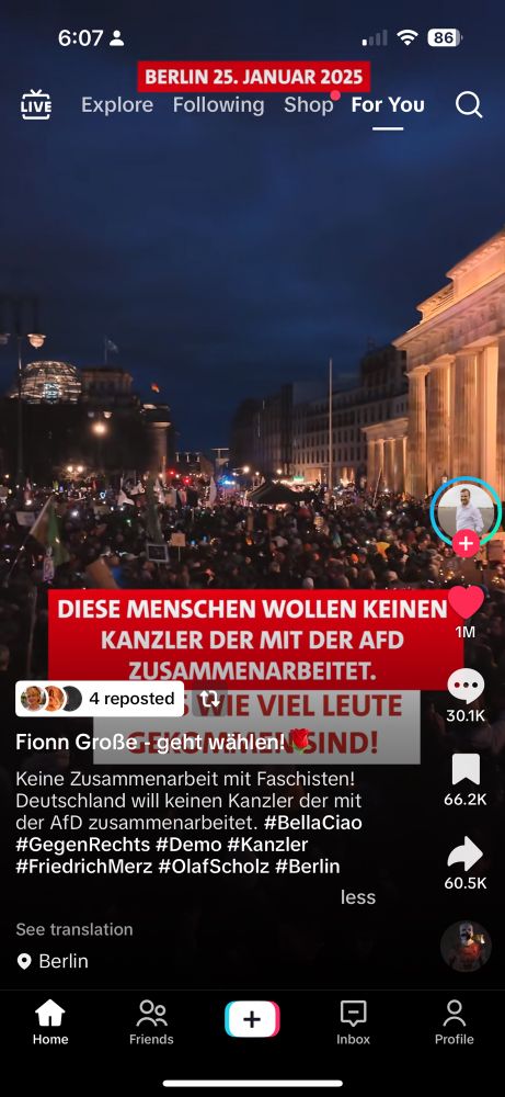 Screenshot of TikTok of protest in Germany with “Bella Ciao” playing in background. Original German text reads: „Keine Zusammenarbeit mit Faschisten! Deutschland will keinen Kanzler der mit der AfD zusammenarbeitet.“