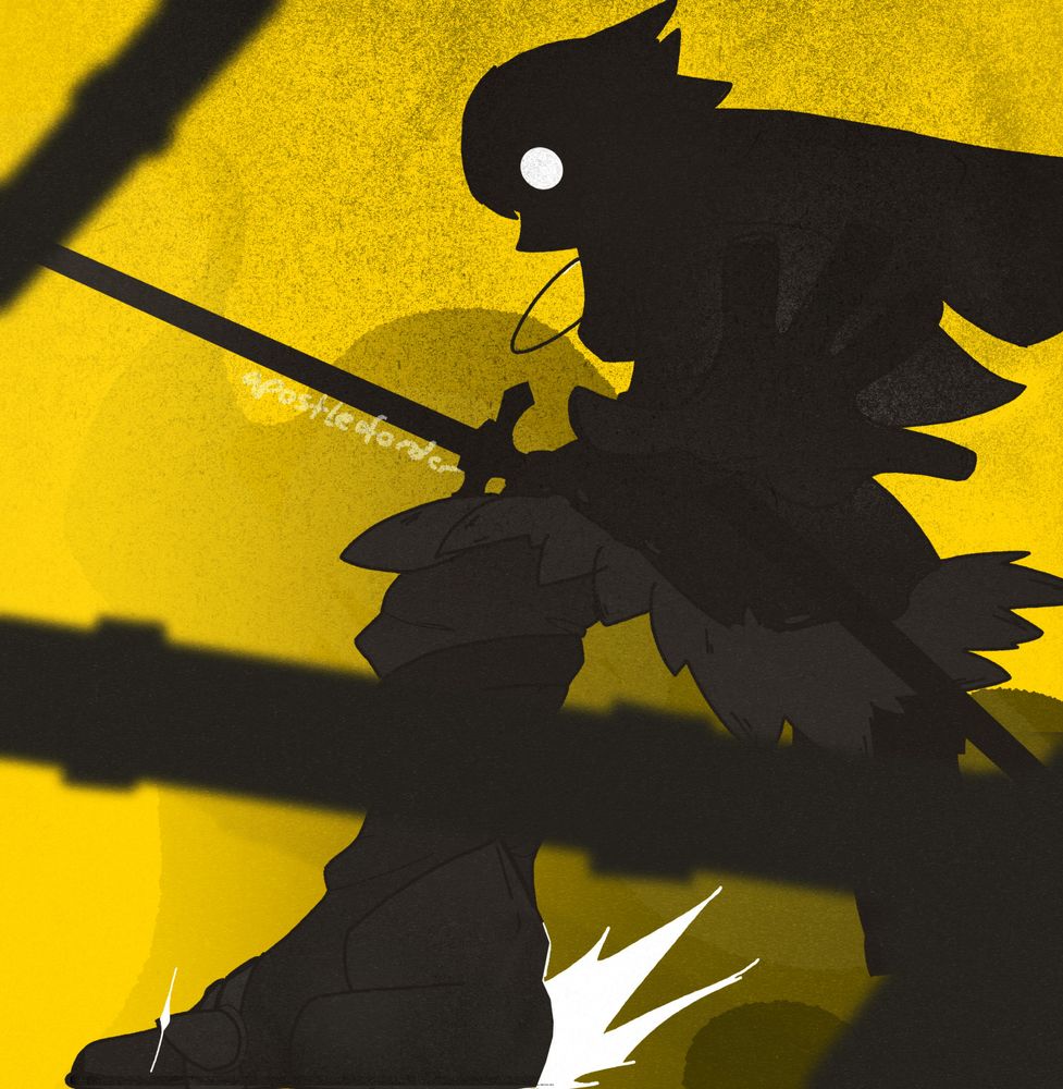 fanart of Ótr from Fire Emblem: Heroes. cast in shadow, he draws his sword and assumes a powerful stance--his boot hitting the floor by itself causes a spark. it's unclear if he's looking at you or another target...
the foreground has close pipes crossing the image, while the background is up in smoke, otherwise a bright, hazardous yellow.