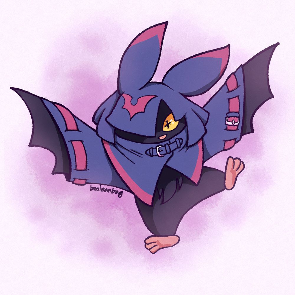 a digital drawing of chiropmon, a bat-like creature from digimon. it is suspended in flight, wings outstretched with its legs swinging with the motion.