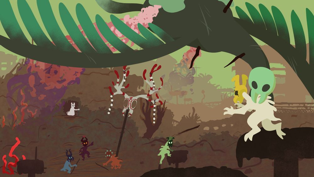 a digital illustration of a vulture carrying away a scavenger in the both creatures from the game rain world. they are in the garbage wastes, an area where debris and trash were piled up resulting in a very lumpy ground. the scavenger is crying and reaching out for more of its kind that are still on the ground. the other scavengers are throwing spears at the vulture, with some already being lodged in the vulture's body. a slugcat sits in the distance, watching the scene.