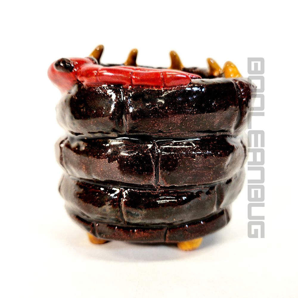 another photo of the ceramic centipede cup previously described. this angle shows the outer walls better, making the segmentation of the centipede's body more apparent. more yellow legs stick out of the bottom of the cup, letting it stand a little bit off the table.