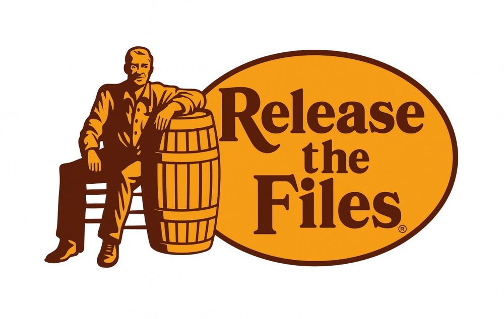 Cracker barrel sign with Release the Files in the circle next to the man on a bench with his arm over a barrel. 