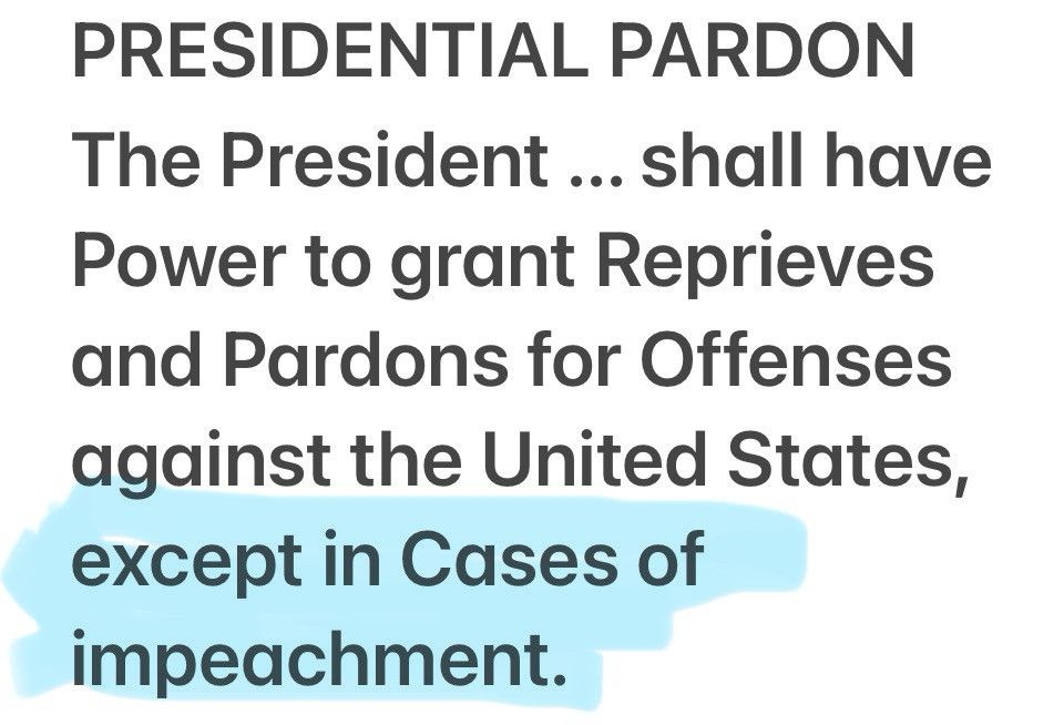 PRESIDENTIAL PARDON The President ... shall have Power to grant Reprieves and Pardons for Offenses against the United States, except in Cases of impeachment.