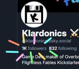 An image of Klardonics's Bluesky profile page highlighting the recently acquired 1,000 followers.