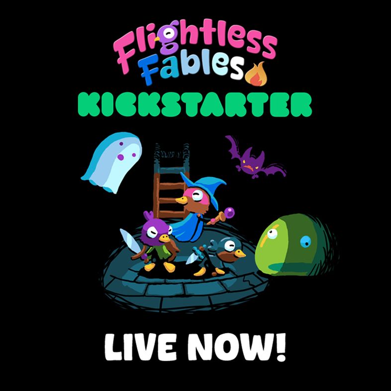 A promotional image for the Kickstarter campaign of Flightless Fables, an upcoming dungeon crawling platformer game. The image features the three main bird protagonists as well as dungeon enemies, and the Kickstarter campaign is live now!