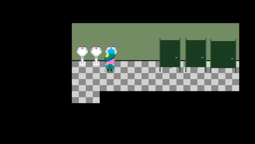 A low resolution pixel art RPG, the player character is standing in front of a normal looking circular sink in a bathroom.
