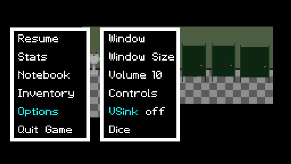 The options menu of said low resolution RPG. We see that the setting for VSink is off.
