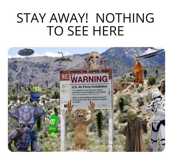 An image of Area 51 with movie and TV aliens pasted onto the image.