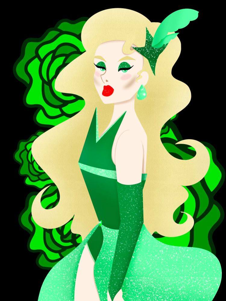 Blonde drag queen art in an all green outfit with sparkly gloves. Feathers on her hair and green flowers in the backgrounds. Drawn in a mid century modern style and paper texture.