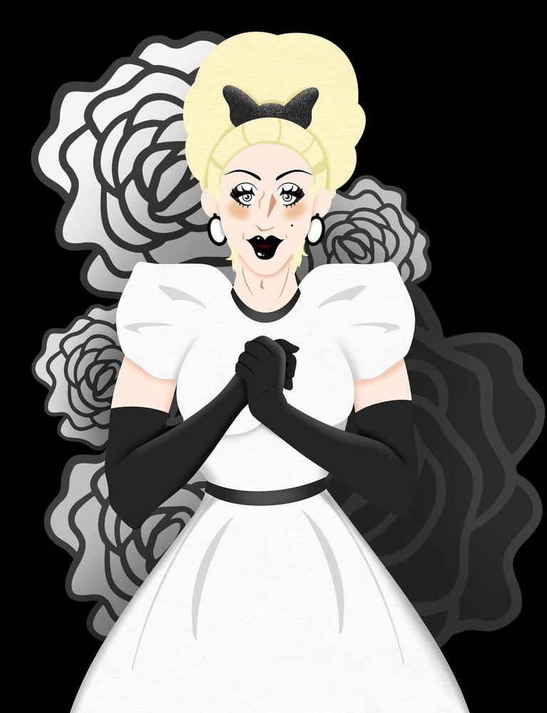 Drag queen drawing in a mid century style with a high updo blonde wig and black sparkly bow. In a white dress and black gloves. Black lipstick, a white eye shadow and pearl earrings finish this look. Monochromatic flowers as the background.