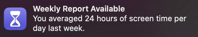 A screenshot from a weekly screen time report that claims I used my work laptop on average 24 hours a day. 