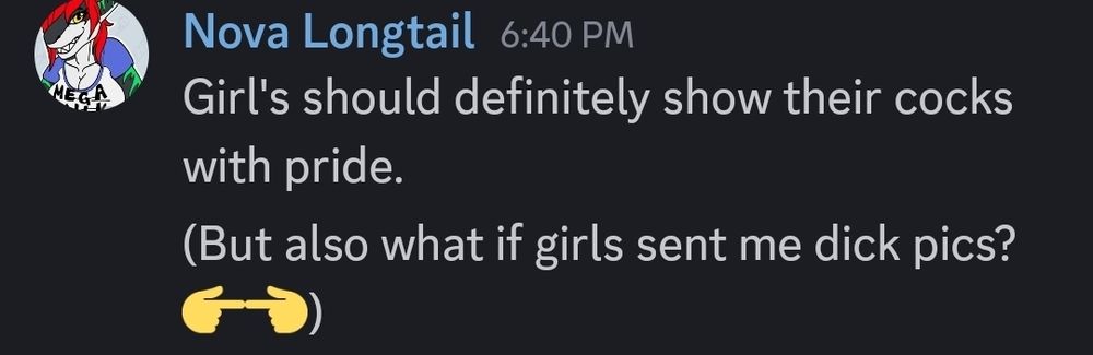 Text saying "Girl's should definitely show their cocks with pride." Followed by parenthesis (But also what if Girls sent me dick pics?)