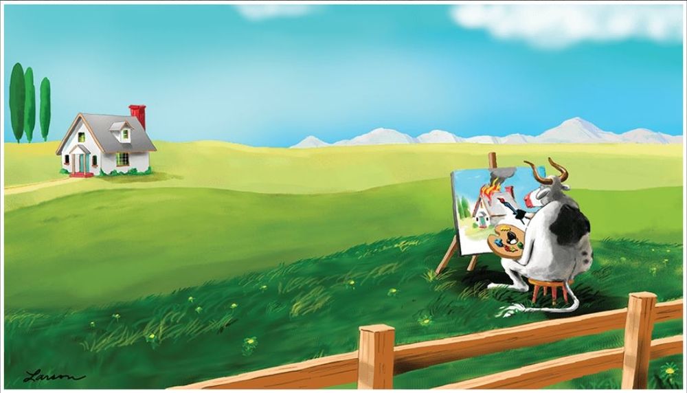Original painting by Gary Larson. A cow sits at an easel at the edge of a serene pasture, painting the cute little farmhouse. The cow's rendering of the house is strikingly accurate, save for the painted flames jetting from the windows and engulfing the roof.