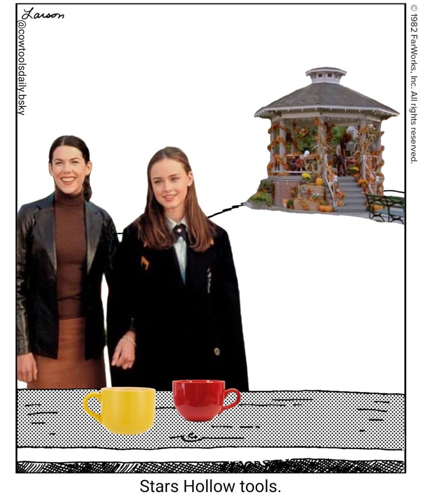 Rory and Lorelei Gilmore from Gilmore Girls standing behind the Cow Tools table, which has two big ceramic coffee cups in it. In the background a gazebo is decked out in fall decor. Caption reads, 