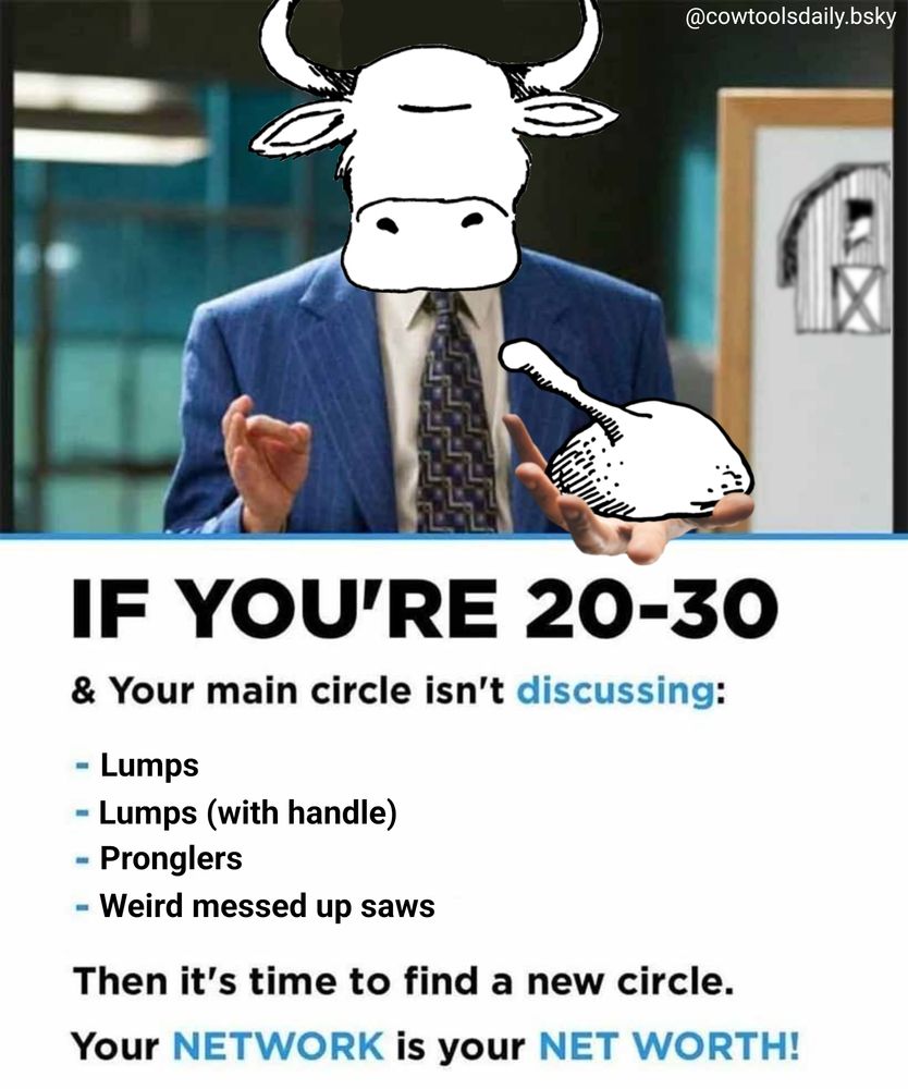 A cow in a business suit holds out a lump-with-handle cow tool above the caption:

"If you're 20-30 & your main circle isn't discussing:

-Lumps
-Lumps (with handle)
-Pronglers
-Weird messed up saws

Then it's time to find a new circle. Your network is your Network Worth!"


