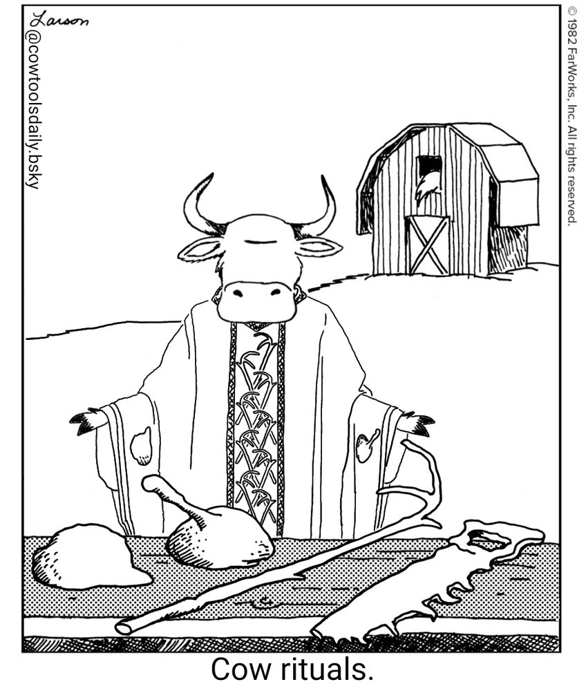 A bipedal cow wearing ornate robes covered in cow tools symbols stands in a field behind a table with 4 crudely made tools on it. The cow has a blank look on her face and has her forehooves extended out, palms to the sky. Caption reads, "Cow rituals."