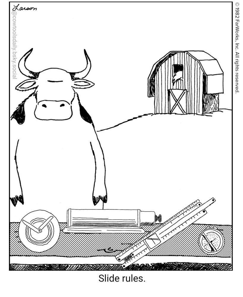 A cow stands on two legs behind a table with various types of slide rules on it. Caption reads 
