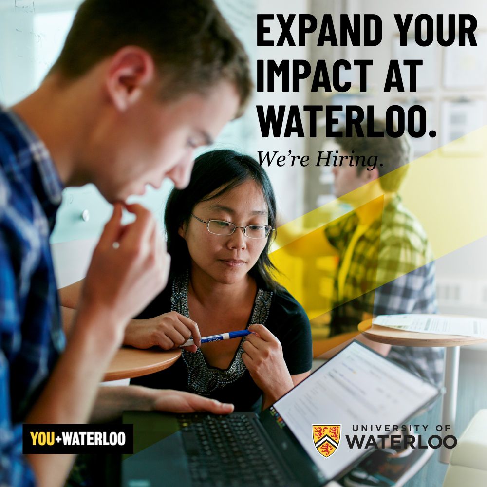 Professor and student looking at a laptop screen with the words, "Expand your impact at Waterloo. We're hiring. You + Waterloo." 