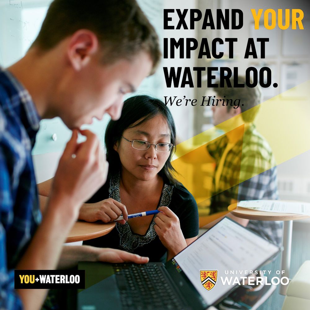 Professor and student looking at a laptop screen with the words, "Expand your impact at Waterloo. We're hiring. You + Waterloo."