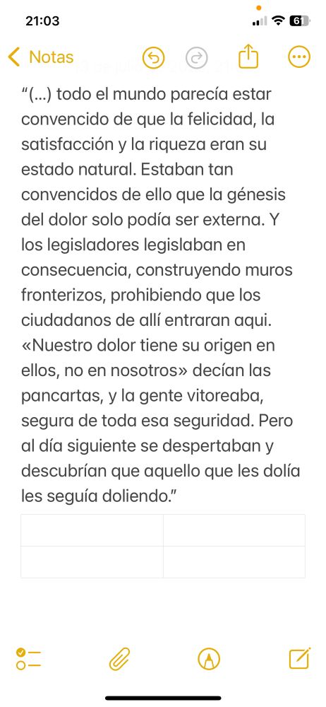 “(…) todo el mundo parecía estar convencido de que la felicidad, la satisfacción y la riqueza eran su estado natural. Estaban tan convencidos de ello que la génesis del dolor solo podía ser externa. Y los legisladores legislaban en consecuencia, construyendo muros fronterizos, prohibiendo que los ciudadanos de allí entraran aqui. «Nuestro dolor tiene su origen en ellos, no en nosotros» decían las pancartas, y la gente vitoreaba, segura de toda esa seguridad. Pero al día siguiente se despertaban y descubrían que aquello que les dolía les seguía doliendo.”