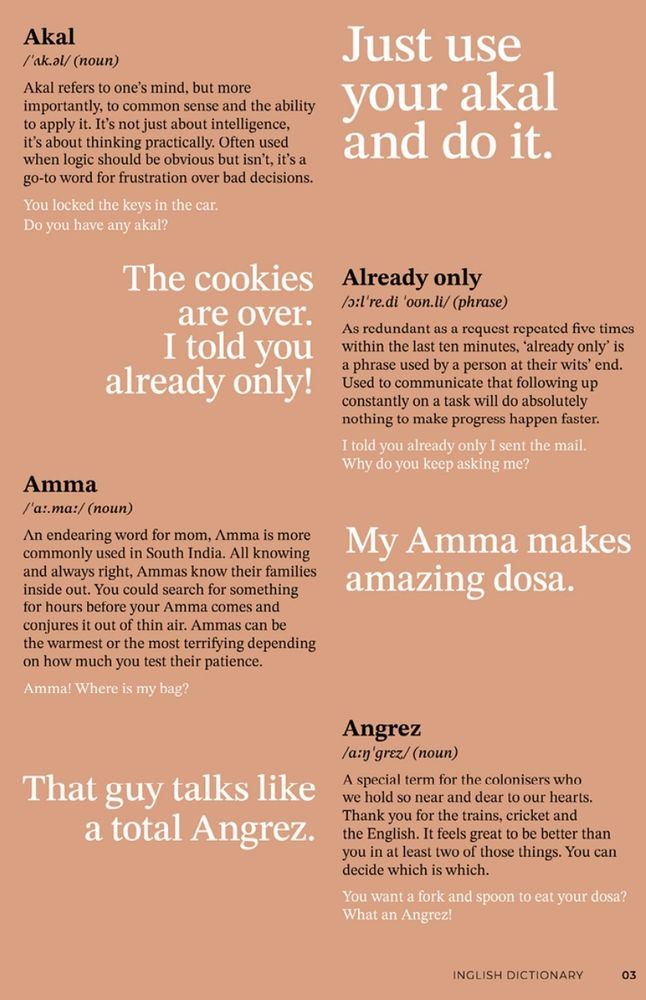 Indian English words Akal, Already only, Amma, Angrez.