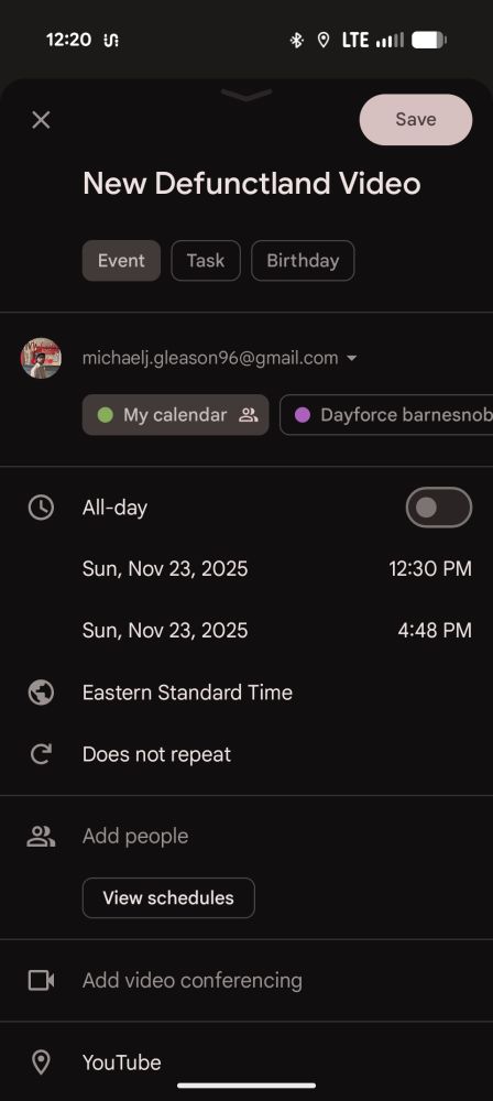 A calendar note that has set aside 4 hrs 18 mins for the new Defunctland video
