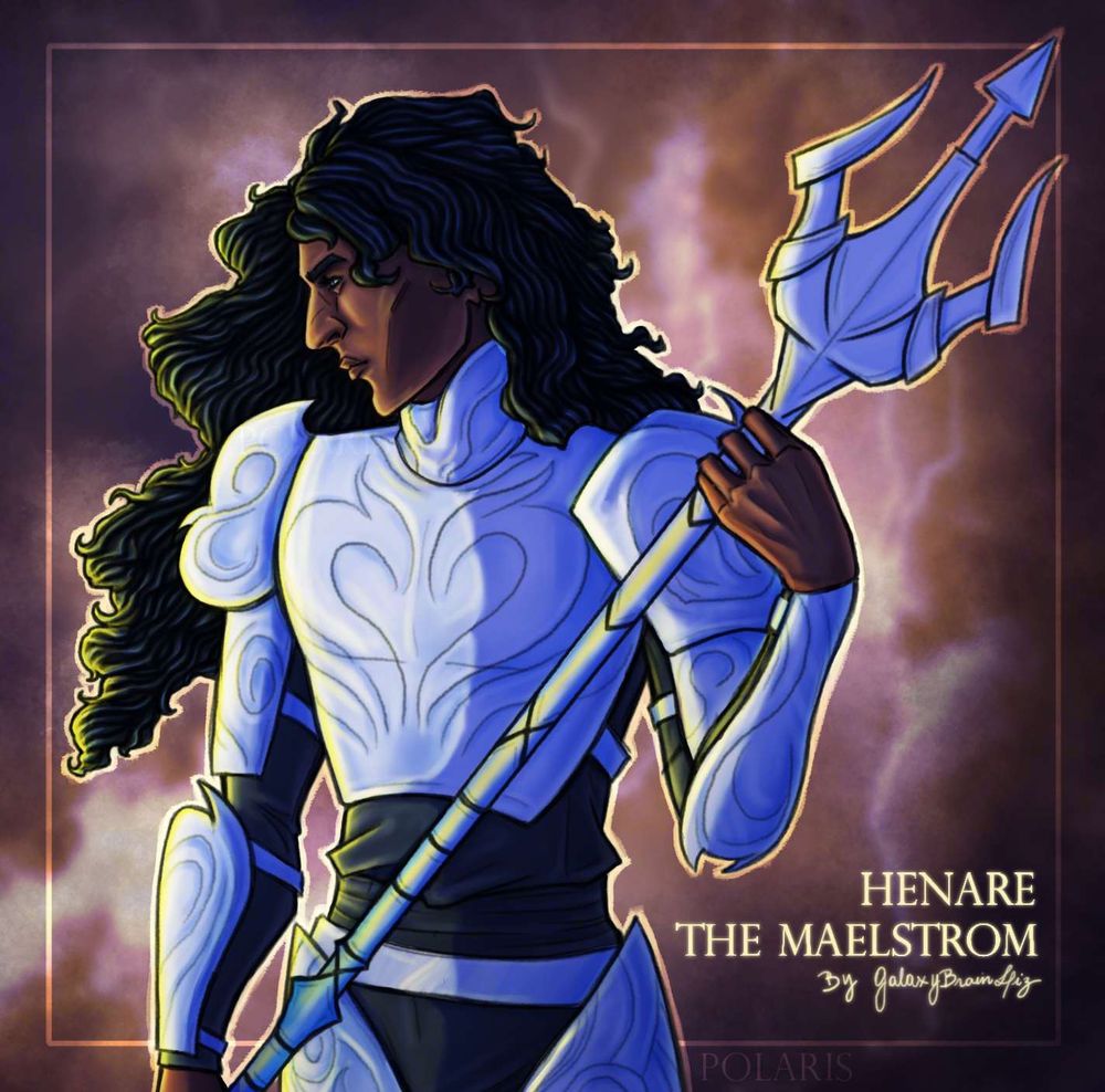 Half-body illustration of Henare the Maelstrom, a character by GalaxyBrainLiz here on Bluesky.