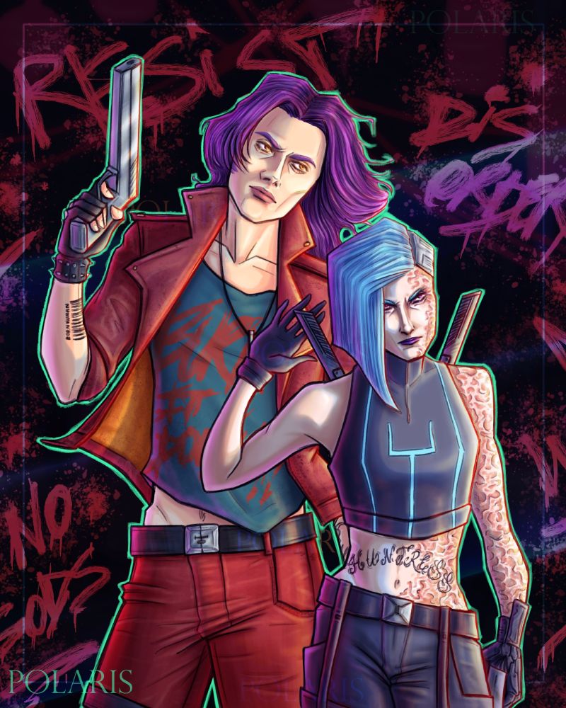 A half-body illustration of two original cyberpunk themed characters, Alastor and Nyx. Alastor has purple, longer hair and golden eyes, while Nyx has short, pool blue hair and purple eyes. They are wearing mercenary clothes, with guns in their hands, ready for action.