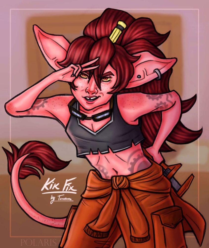 Half-body illustration of Kik Fix, a character by Tevans here on Bluesky.
