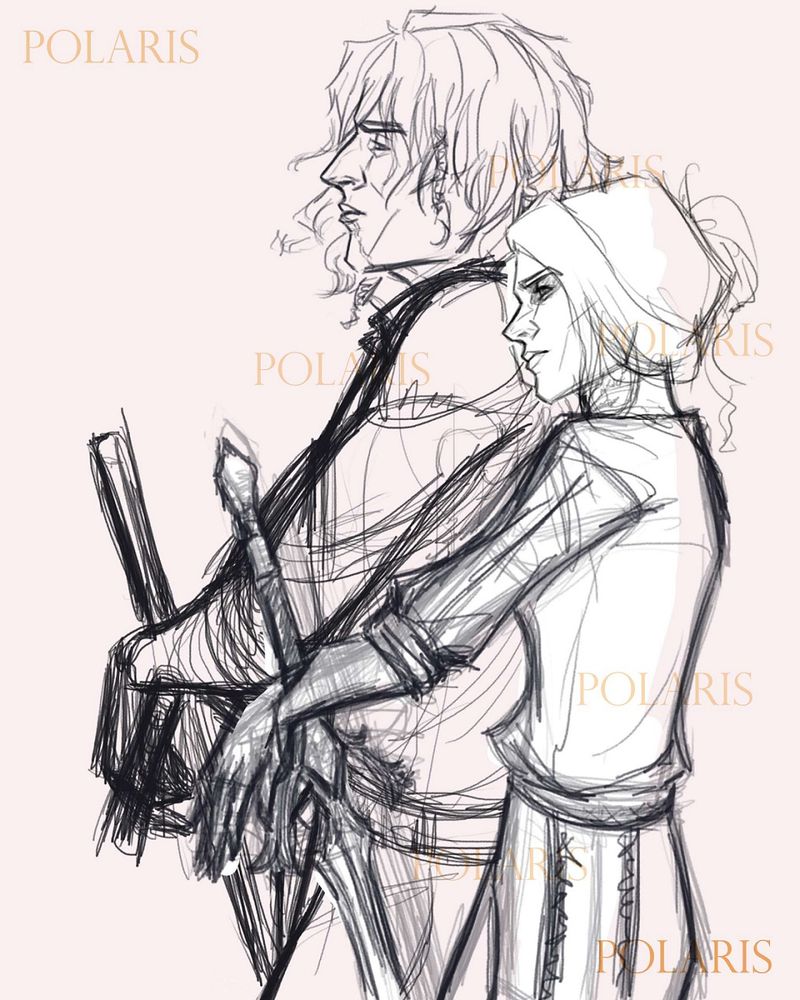 A sketch of a half body illustration of two original dark fantasy characters of mine, Mihai and Kathleen. They are Mentor and Apprentice, standing side by side while leaning on their swords in front of them, observing something in the distance - the viewer is seeing them from the side, not front.
Being a sketch, the lines are very rough and you have an overall idea of the pose, body, clothes, swords and shapes, but their faces are a lot cleaner and with less rough lines.
The background is a simple sand color, except for some areas on Kathleen, where I painted white so I wouldn't be able to see the intersecting lines of Mihai's character and wouldn't be a mess when drawing the final lineart, if that makes any sense.