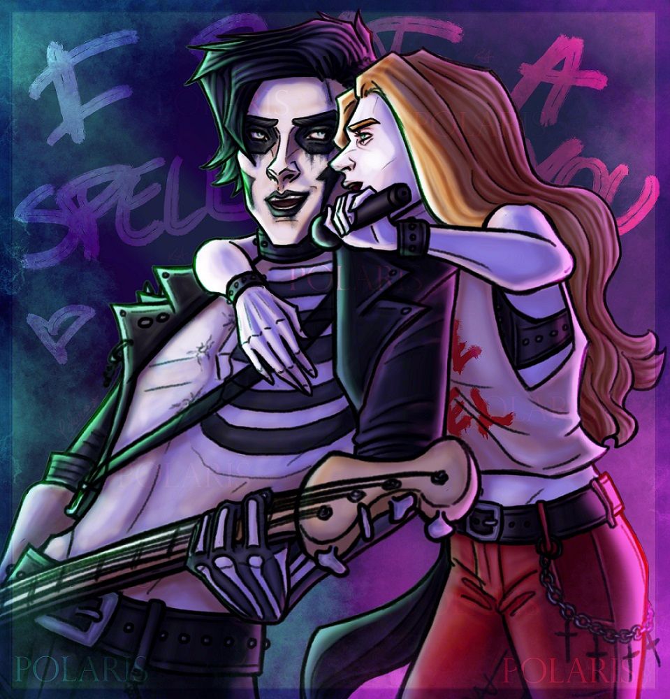 A quick half-body illustration of two original characters, singing together on stage, while one of them plays the bass and the other hugs him from behind, sharing the microphone.